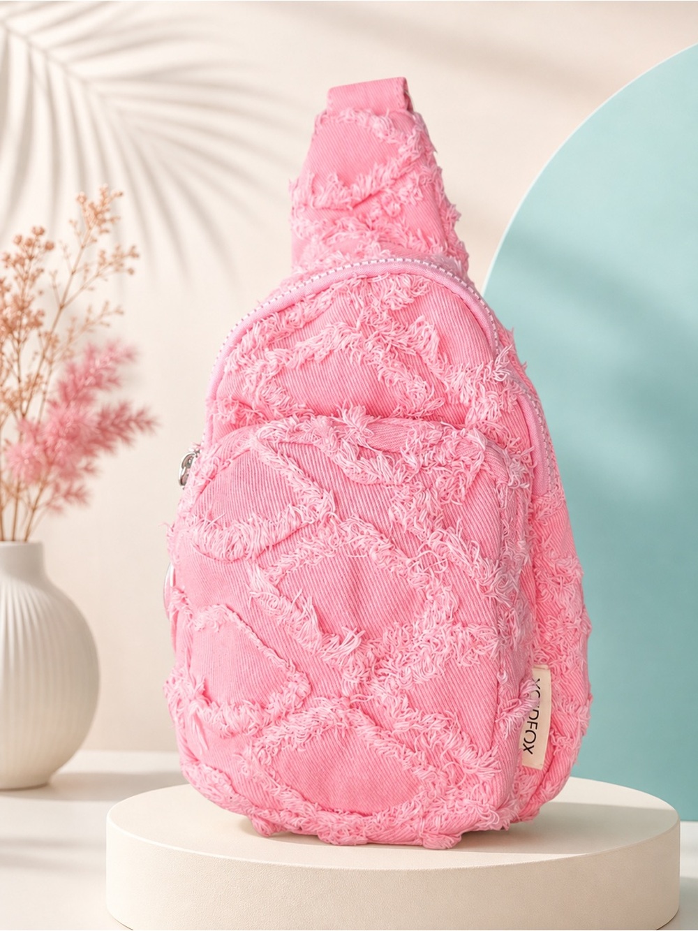 Wildfox Pink Denim Distressed Crossbody Sling Bag Frayed NWT